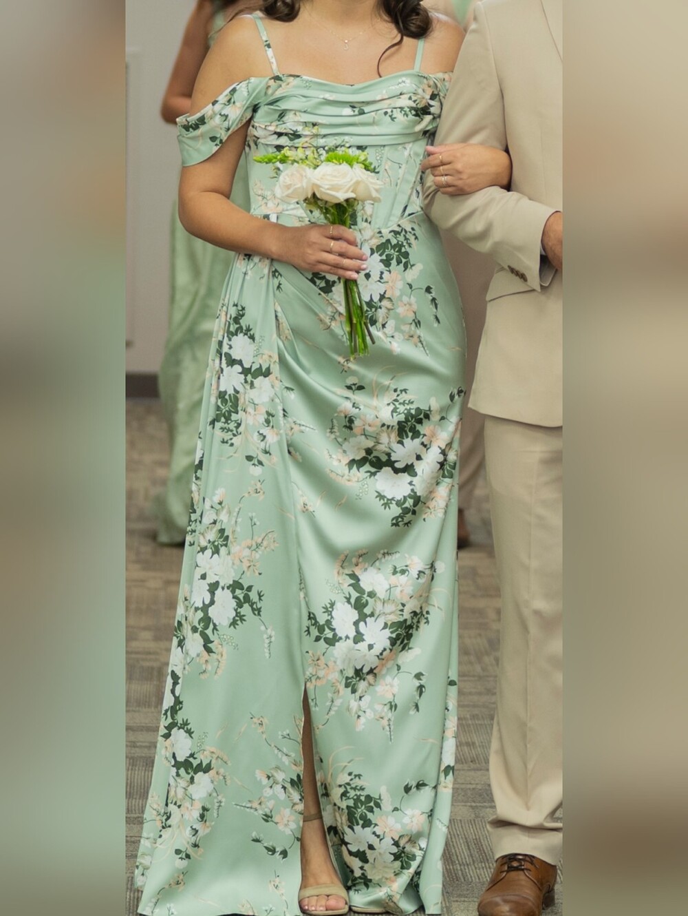 Azazie Sage Green Floral Satin Dress - Picture 7 of 7